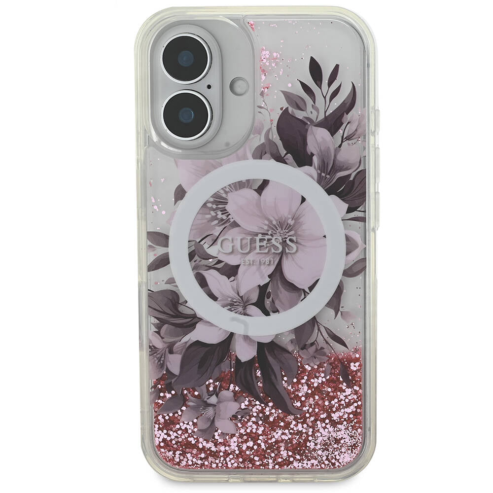 Guess iPhone 16 Orjinal Lisanslı Magsafe Şarj Özellikli Sıvılı Simli Çiçek Desenli Telefon Kılıfı - 3 Guess iPhone 16 Orjinal Lisanslı Magsafe Şarj Özellikli Sıvılı Simli Çiçek Desenli Telefon Kılıfı - 3